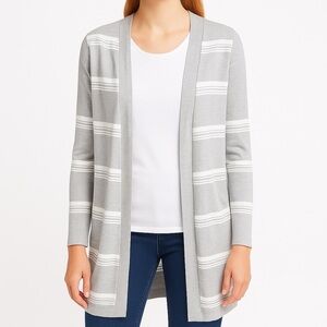 Magaschoni Women’s Cardigan XL Gray White Striped Open Front Long Sleeve